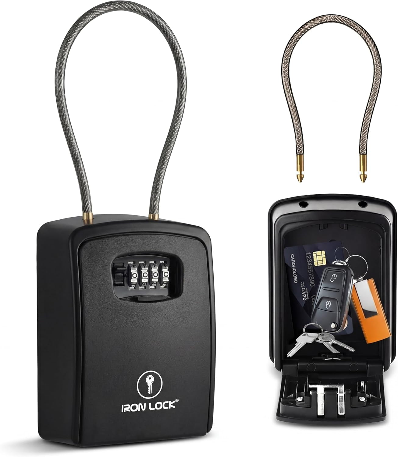 Iron Lock® Key Lock Box Portable with Cable Shackle & Wall Mount – Waterproof Heavy Duty Metal Lock Box for Keys with 4-Digit Combination Code on Door Knob, Fence, Pipe or Gate Extra Large(Black, XXL)